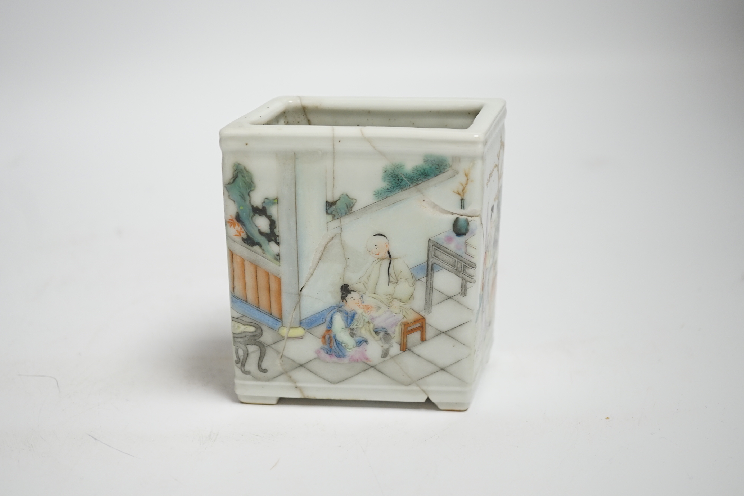 A Chinese famille rose erotic brushpot, bitong, 19th century, (a.f) 10cm, apocryphal Qianlong mark